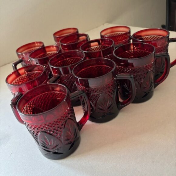 Antique D'Arcque Cristal Liminarc France Red Vintage 12 Cut Glass Mugs - Picture 1 of 10